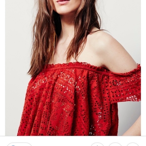 Free People Eyelet off shoulder crop peasant top in rust - Picture 3 of 15